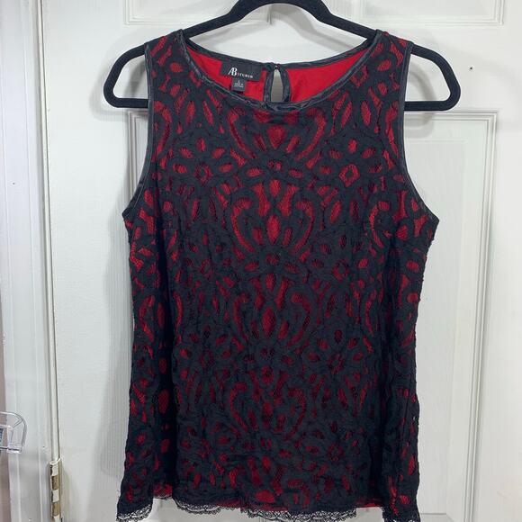 AB Studio Top Women's Size L Black and Red Lace Sleeveless - Picture 1 of 5
